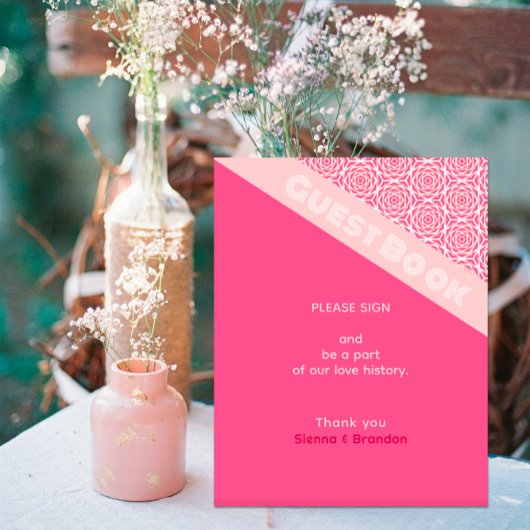 幾何学的バラレッド結婚ズゲストブック 台座サイン