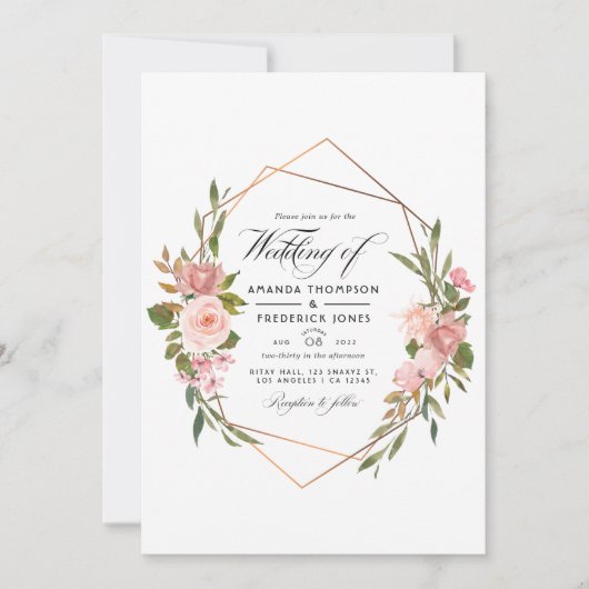 幾何学的バラ金ゴールドと赤面結婚ピンクの写真 招待状 (正面)