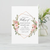 幾何学的バラ金ゴールドと赤面結婚ピンクの写真 招待状 (スタンド正面)