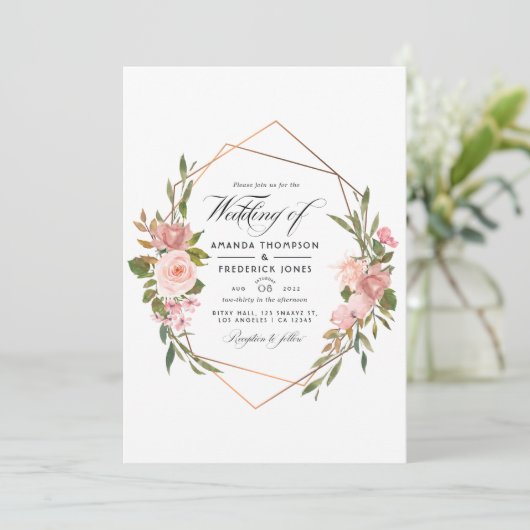 幾何学的バラ金ゴールドと赤面結婚ピンクの写真 招待状 (スタンド正面)