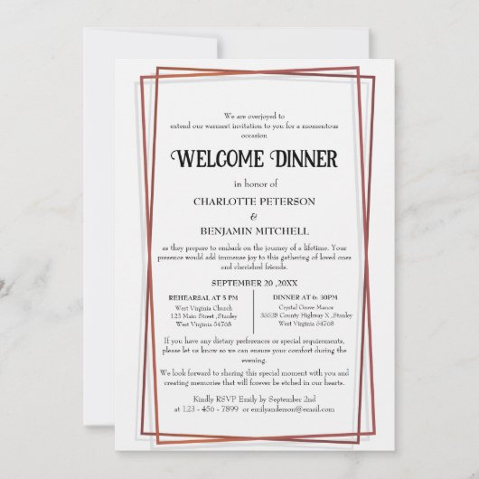 幾何学的バラ金ゴールドフレームリハーサルウェルカムディナー 招待状 (正面)