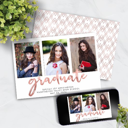 幾何学的バラ金ゴールド手書き卒業写真 案内状