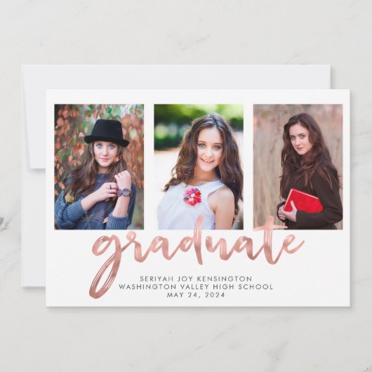 幾何学的バラ金ゴールド手書き卒業写真 案内状 (正面)