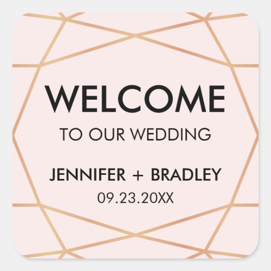 幾何学的バラ金ゴールド結婚のウェルカムバッグラベル スクエアシール (正面)