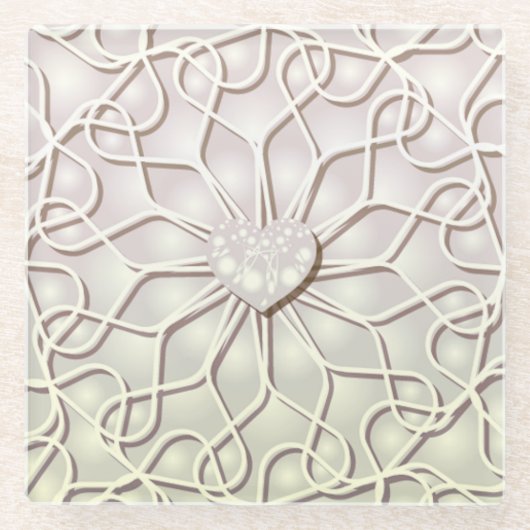 幾何学的バラ金ゴールドLOVEハートパターン ガラスコースター (正面)