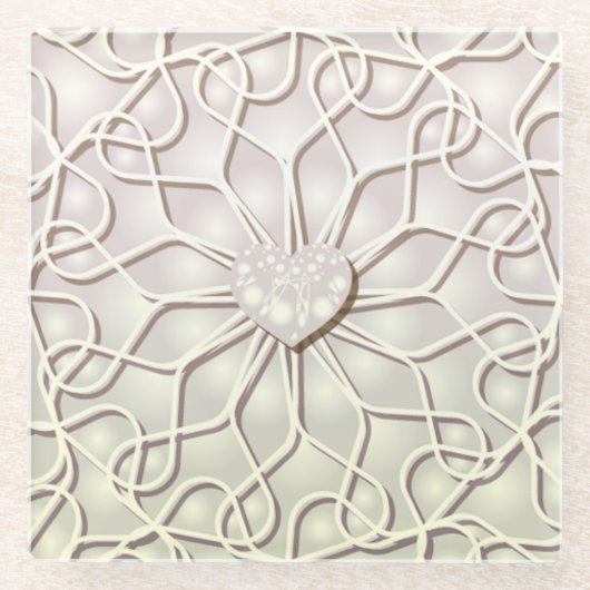 幾何学的バラ金ゴールドLOVEハートパターン ガラスコースター (正面)