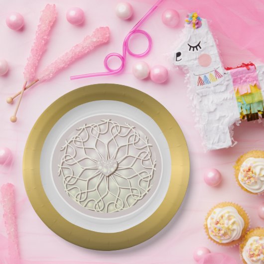 幾何学的バラ金ゴールドLOVEハートパターン ペーパープレート (パーティー)