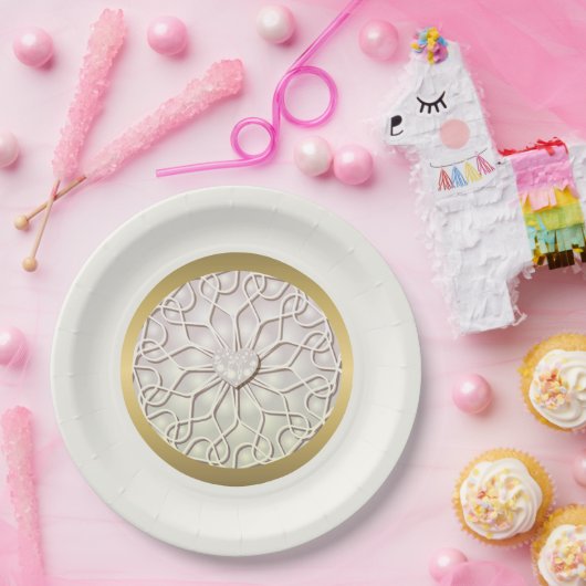 幾何学的バラ金ゴールドLOVEハートパターン ペーパープレート (パーティー)