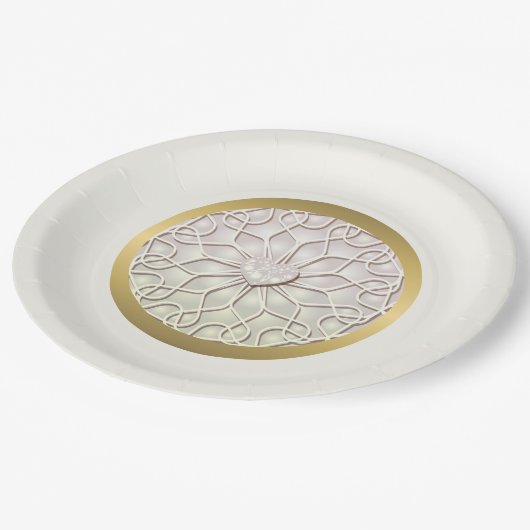 幾何学的バラ金ゴールドLOVEハートパターン ペーパープレート (アングル)