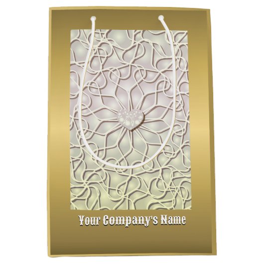 幾何学的バラ金ゴールドLOVEハートパターン ミディアムペーパーバッグ (正面)