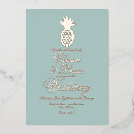 幾何学的パイナップル結婚のプレス 箔招待状 (正面)