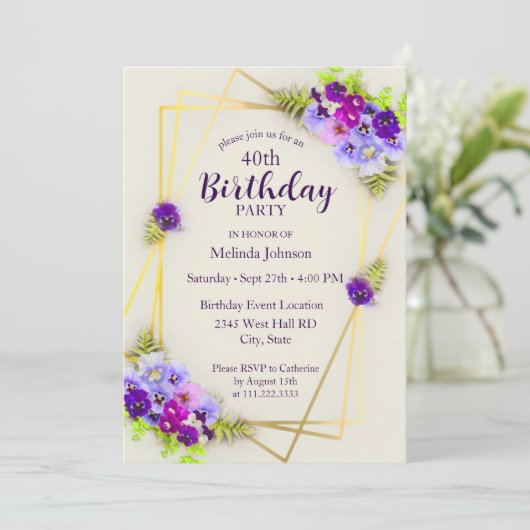 幾何学的パンジーフローラ40歳の誕生日 招待状 (スタンド正面)