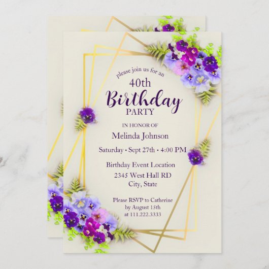幾何学的パンジーフローラ40歳の誕生日 招待状 (正面/裏面)
