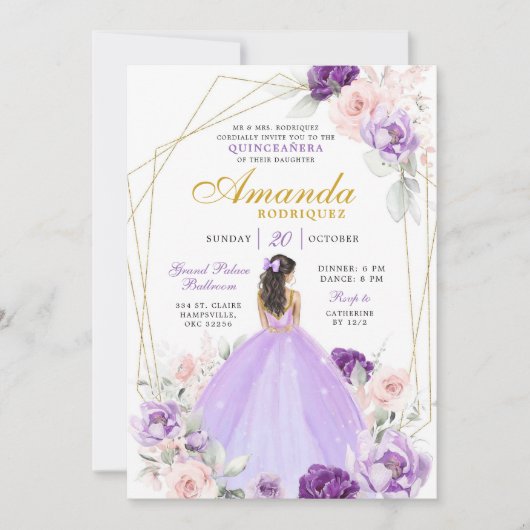 幾何学的パープルと金ゴールド王室のクラウンキンセアニェラ 招待状 (正面)