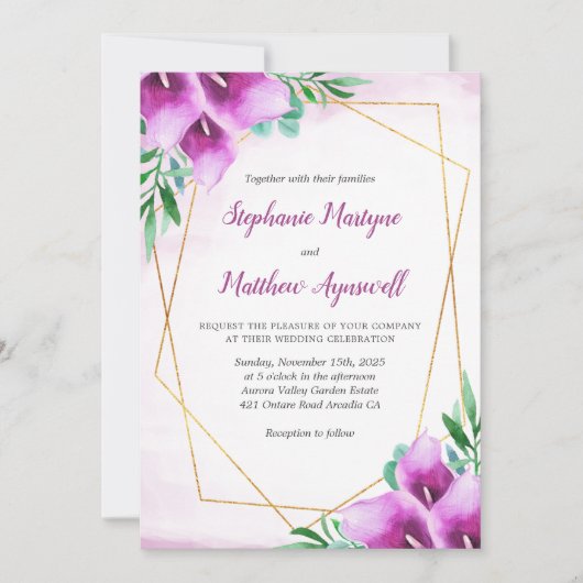 幾何学的パープルカラリリー結婚フローラ 招待状 (正面)