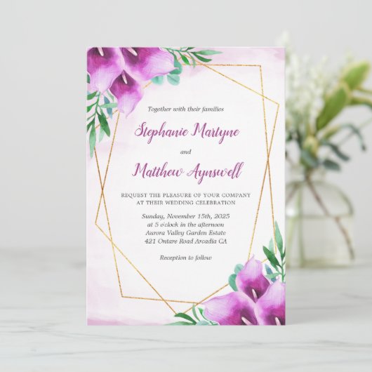 幾何学的パープルカラリリー結婚フローラ 招待状 (スタンド正面)