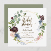 幾何学的パープルブルー花模様ブライダルシャワー 招待状 (正面/裏面)