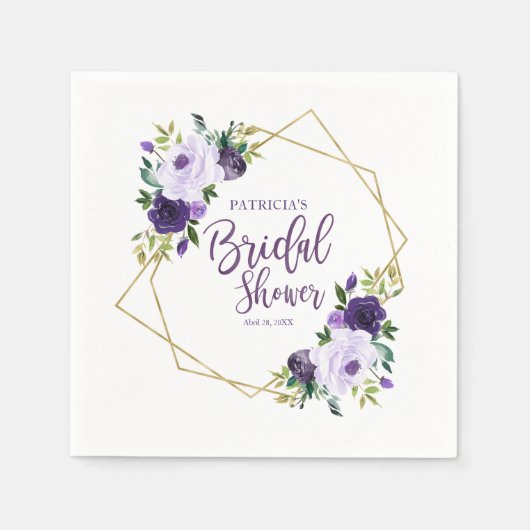 幾何学的パープル金ゴールドフローラブライダルシャワー スタンダードカクテルナプキン (正面)