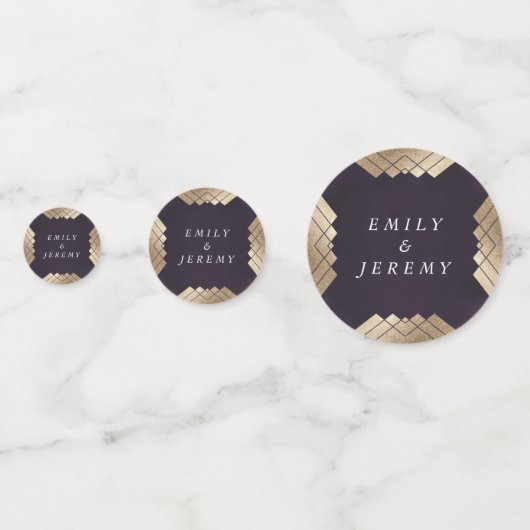 幾何学的パープル金ゴールド結婚ギャツビー コンフェッティ (正面)