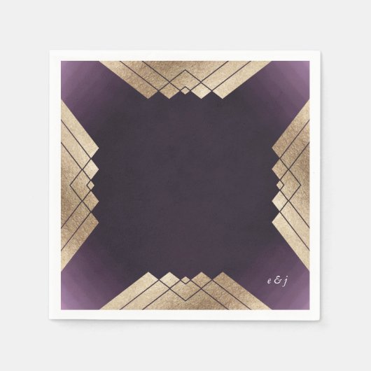 幾何学的パープル金ゴールド結婚ギャツビー スタンダードカクテルナプキン (正面)