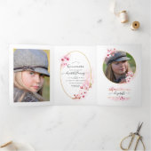 幾何学的ピンクさくらんぼ花キンセアニラ写真 三つ折りカード (内部)