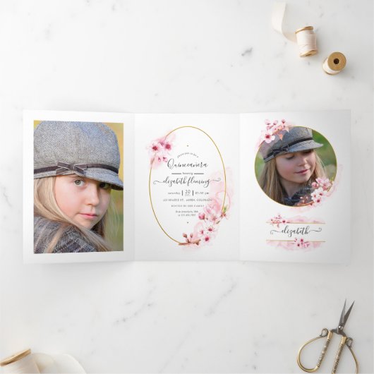 幾何学的ピンクさくらんぼ花キンセアニラ写真 三つ折りカード (内部)