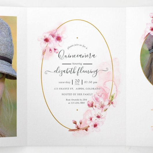 幾何学的ピンクさくらんぼ花キンセアニラ写真 三つ折りカード (内部中)