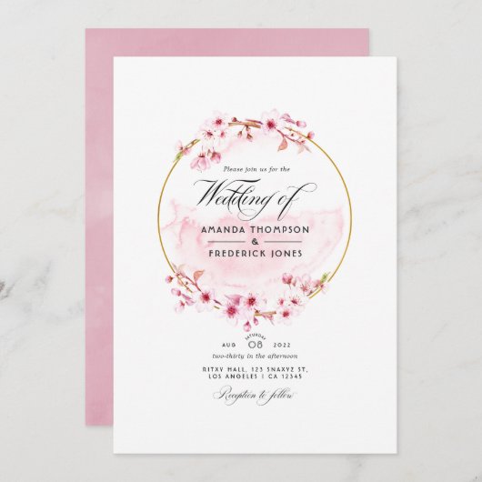 幾何学的ピンクさくらんぼ花春の結婚式写真 招待状 (正面/裏面)