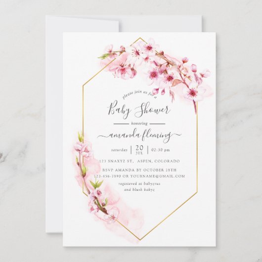 幾何学的ピンクさくらんぼ花春赤ちゃんシャワー 招待状 (正面)