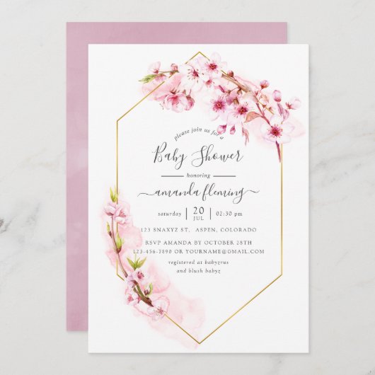 幾何学的ピンクさくらんぼ花春赤ちゃんシャワー 招待状 (正面/裏面)