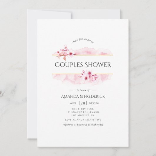 幾何学的ピンクの春花のカップルのシャワー 招待状 (正面)