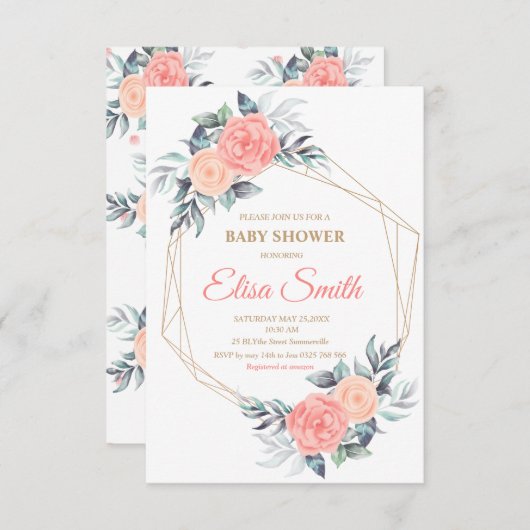 幾何学的ピンクの赤面フローラシャワーガール 出欠カード (正面/裏面)