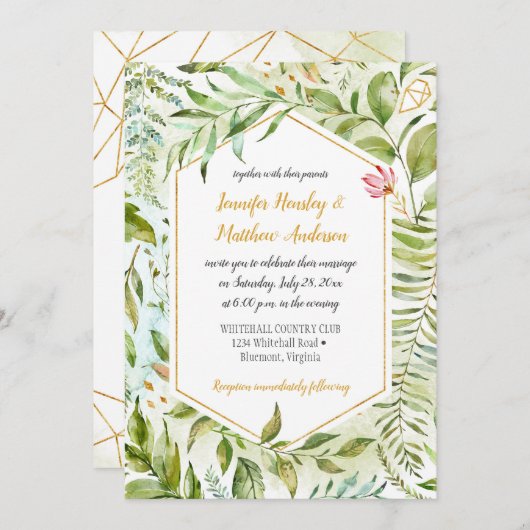 幾何学的ピンクグリーン金ゴールド結婚ズ 招待状 (正面/裏面)