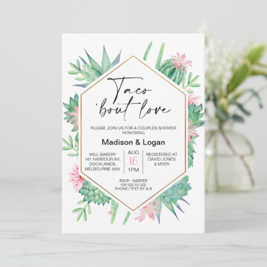 幾何学的ピンクサボタコブロブラブブライダルシャワー 招待状 (スタンド正面)