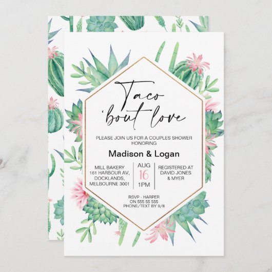 幾何学的ピンクサボタコブロブラブブライダルシャワー 招待状 (正面/裏面)