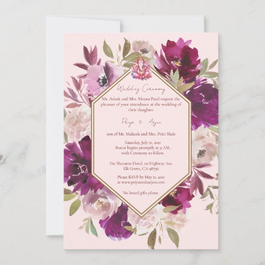 幾何学的ピンクフローラヒンドゥー結婚ゲネシュ 招待状 (正面)