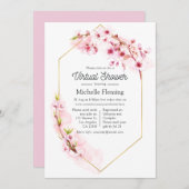 幾何学的ピンクフローラ春バーチャルベビーシャワー 招待状 (正面/裏面)
