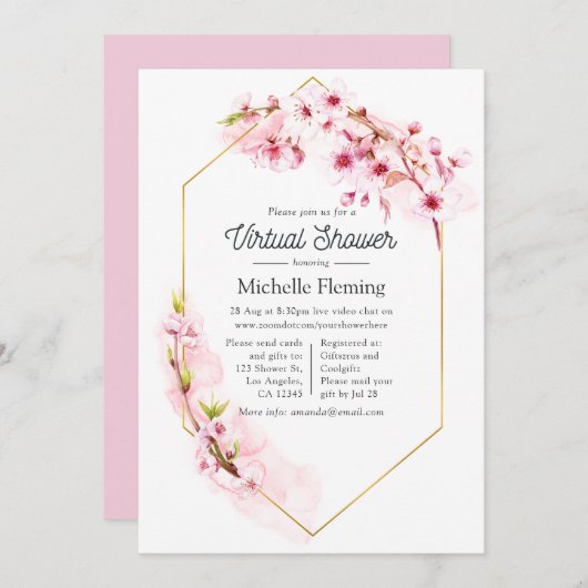 幾何学的ピンクフローラ春バーチャルベビーシャワー 招待状 (正面/裏面)