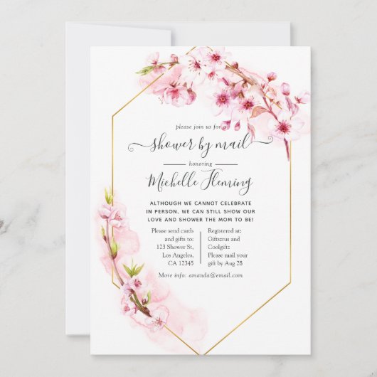 幾何学的ピンクフローラ春ベビーシャワーbyメール 招待状 (正面)