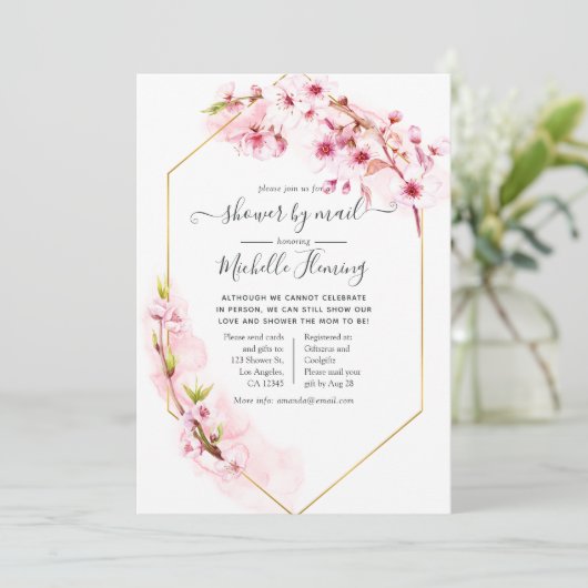 幾何学的ピンクフローラ春ベビーシャワーbyメール 招待状 (スタンド正面)