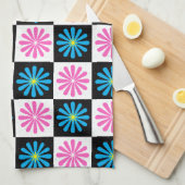 幾何学的ピンクブルー花柄 キッチンタオル (四つ折り)