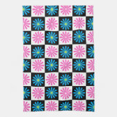 幾何学的ピンクブルー花柄 キッチンタオル (縦)