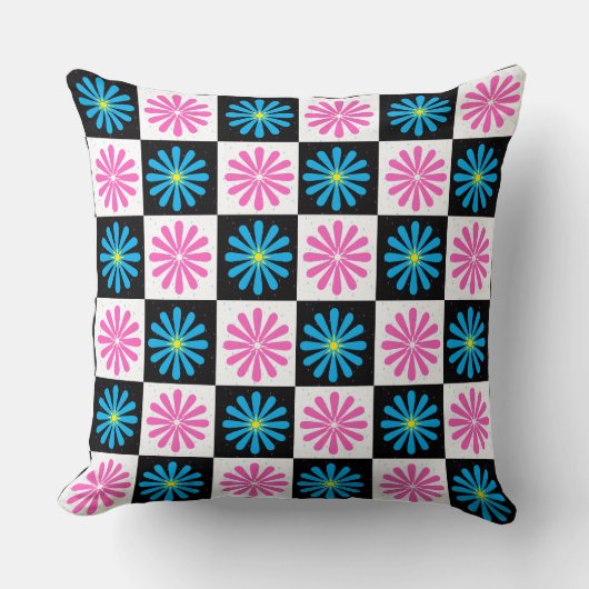 幾何学的ピンクブルー花柄 クッション (正面)