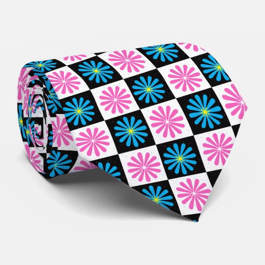 幾何学的ピンクブルー花柄 ネクタイ (ロール)
