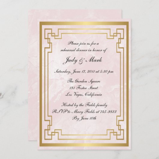 幾何学的ピンクマーブル結婚のリハーサルディナー 招待状 (正面/裏面)