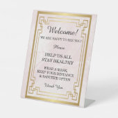 幾何学的ピンクマーブル結婚の安全性 台座サイン (正面)