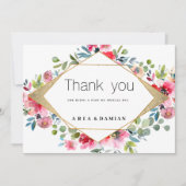 幾何学的ピンクミントレッド金ゴールドフローラありがとう 招待状 (正面)