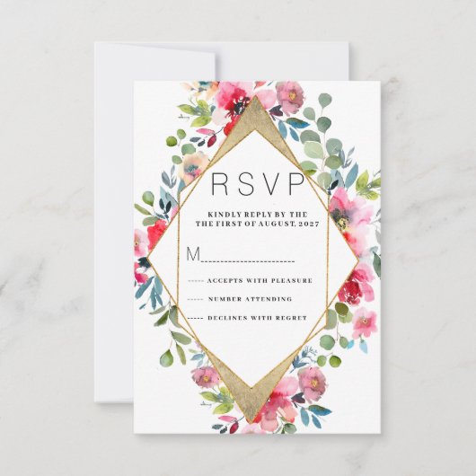 幾何学的ピンクミントレッド金ゴールドフローラRSVP 招待状 (正面)