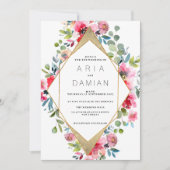 幾何学的ピンクミントレッド金ゴールド結婚フローラ 招待状 (正面)
