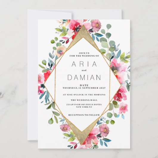 幾何学的ピンクミントレッド金ゴールド結婚フローラ 招待状 (正面)